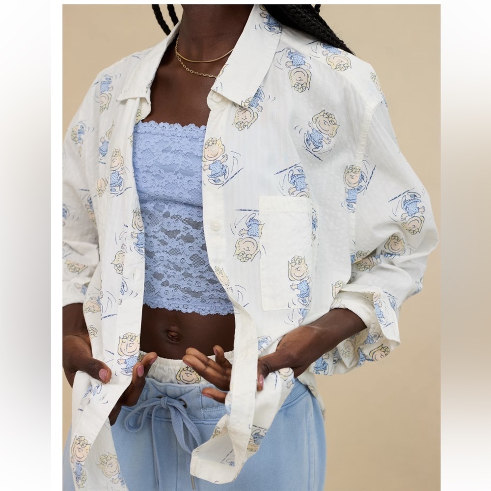 Aerie x Peanuts Off Duty Seersucker Shirt Cotton Button Down Lucy Size Large